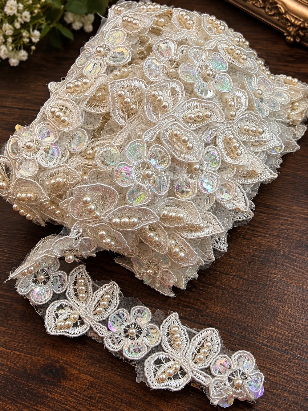 Embellished Ivory Floral Lace Trim with Pearls and Sequins #2